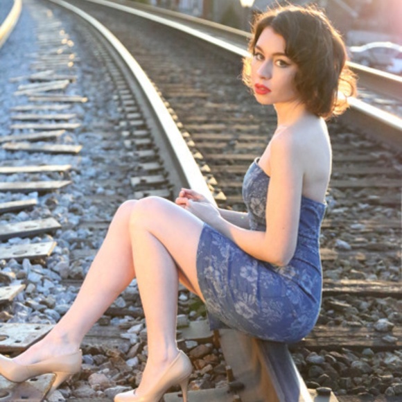 Final Sale Guess Strapless Floral Denim Dress 2 - Picture 2 of 8